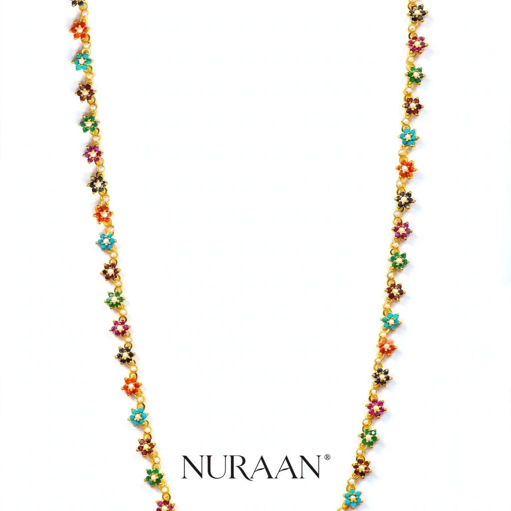 Blessed Blooms Mala — Natural Nauratan Stone Necklace in Sterling Silver
