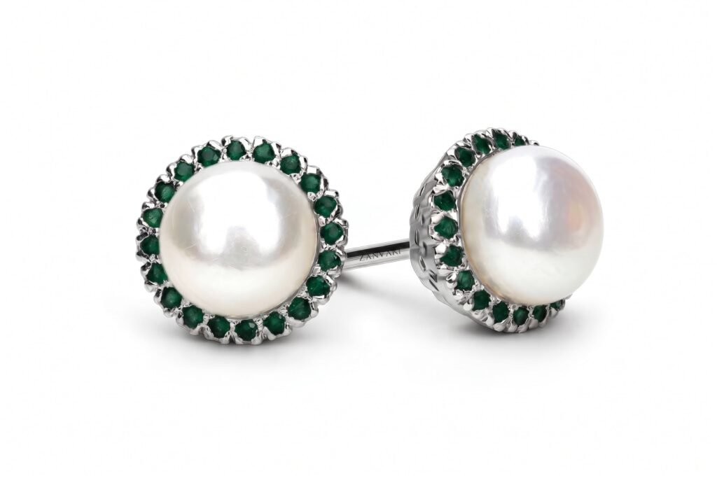 Natural Wonders — Natural Emerald & Pearl Studs in Sterling Silver