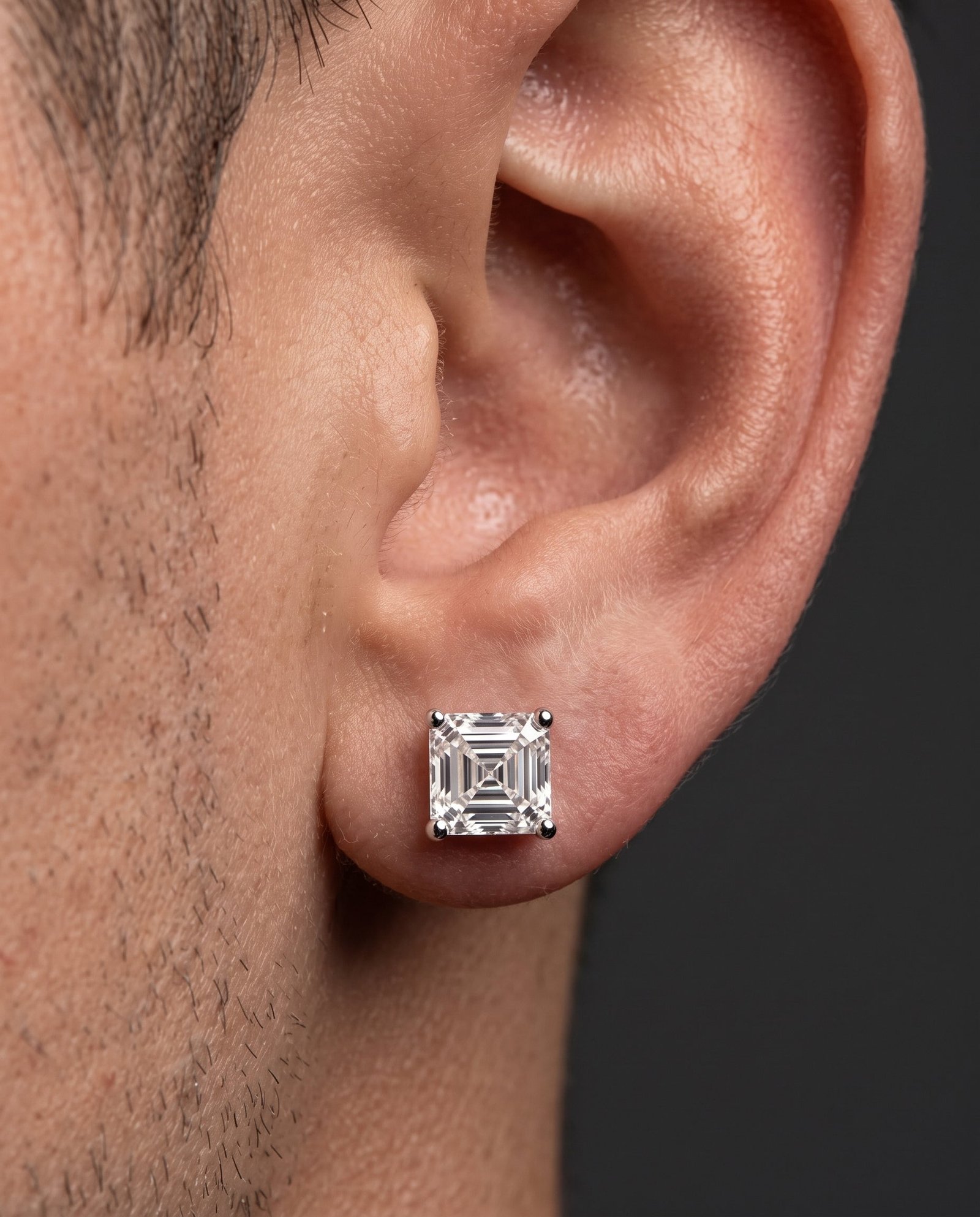 Solo Mirror — 1ct GRA Certified Asscher Cut Moissanite Single Stud for Men in Sterling Silver - Image 2