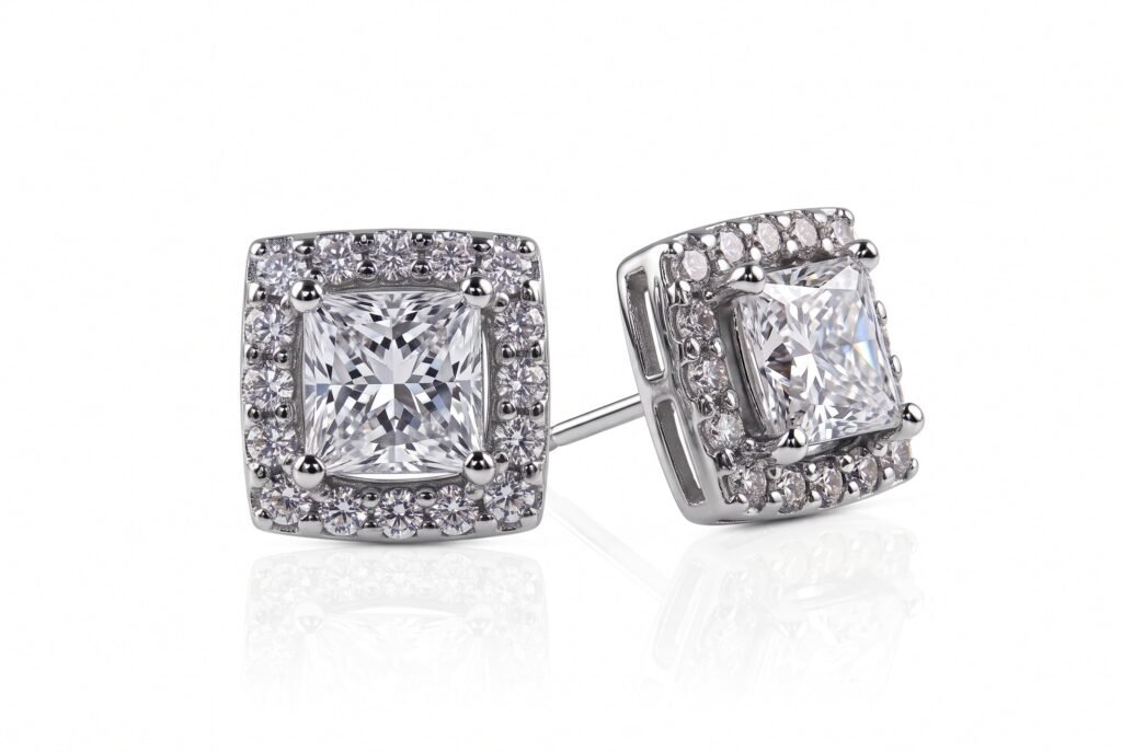 D’Amour Square Studs — 1ct GRA Graded Princess Cut Moissanite Halo Studs