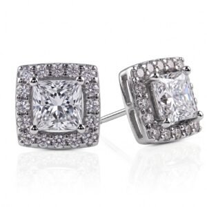 D'Amour Square Studs — 1ct GRA Graded Princess Cut Moissanite Halo Studs