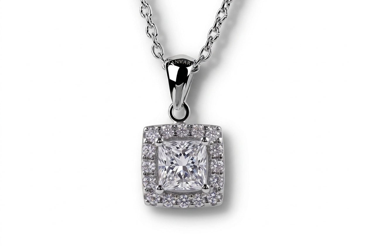 D'Amour Square Necklace — 1ct GRA Graded Princess Cut Moissanite Halo Pendant