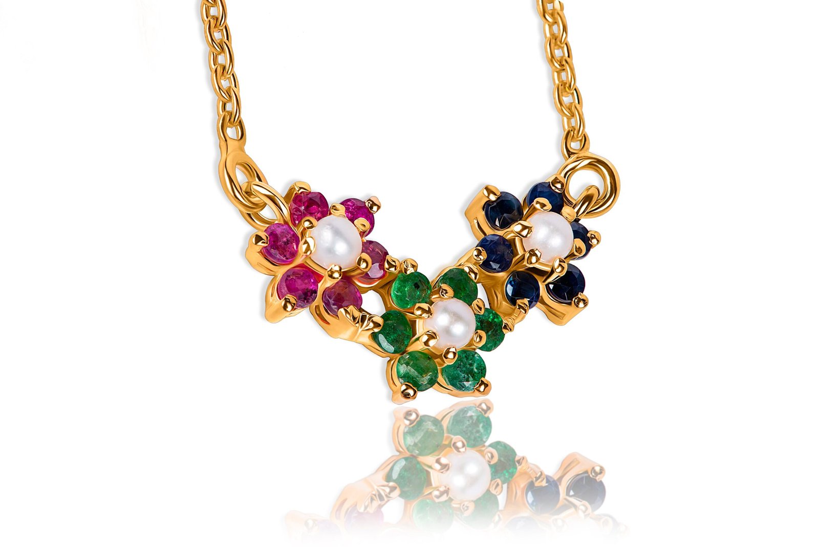 Trinity of Ruby, Emerald & Sapphire — Nauratan Necklace in Sterling Silver