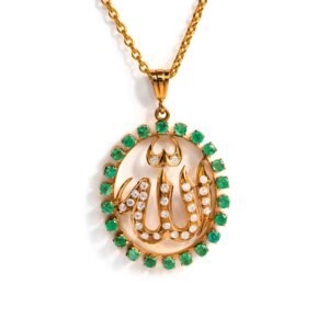 Pure 18k Gold Allah Pendant with Diamonds and Emeralds