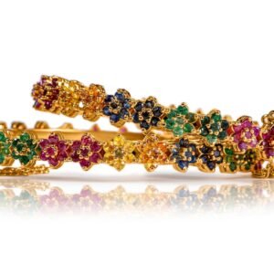 Two Tone — Natural Ruby, Emerald & Sapphire Bangle in Sterling Silver