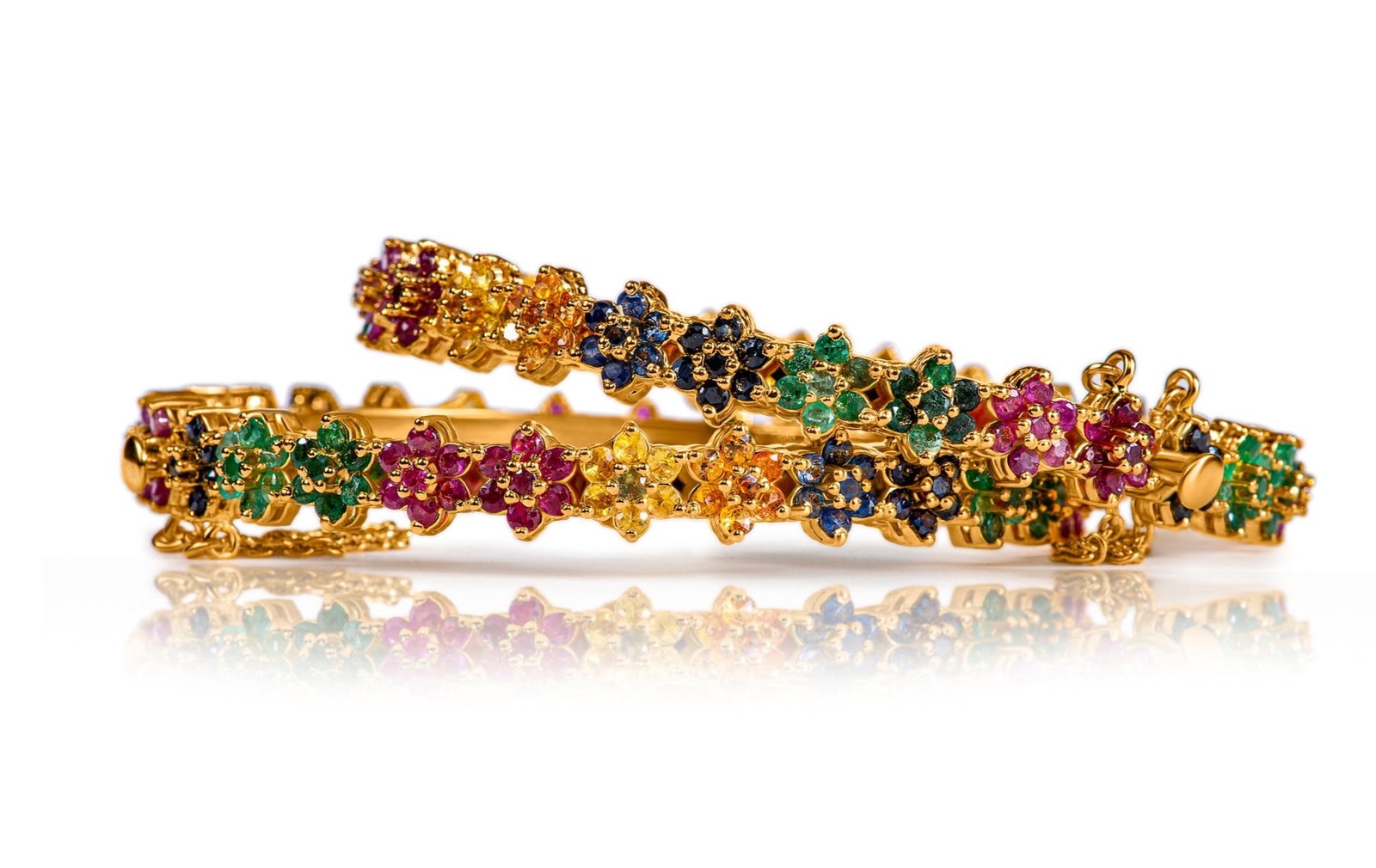 Two Tone — Natural Ruby, Emerald & Sapphire Bangle in Sterling Silver