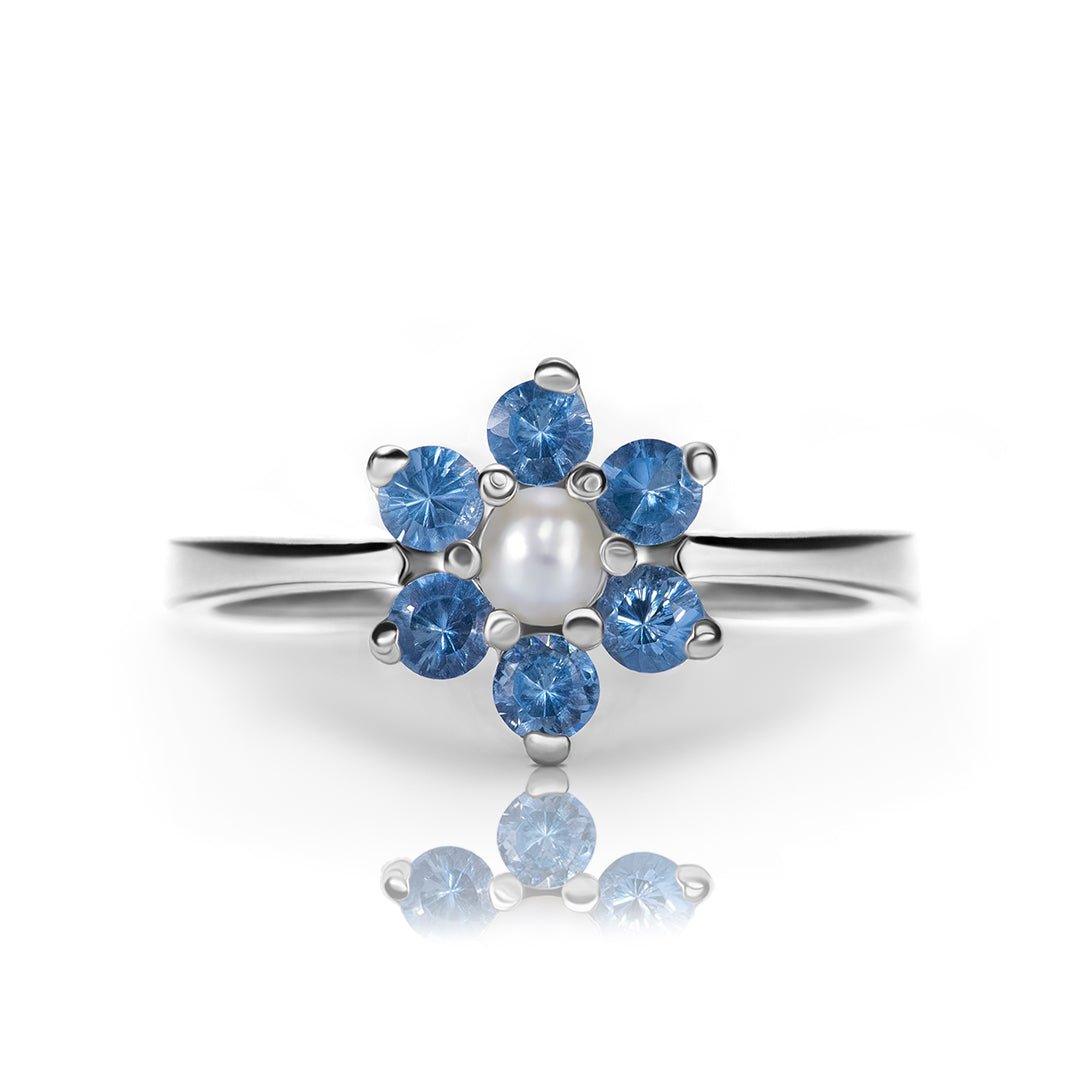 Blue Fire — Natural Blue Topaz & Pearl Ring in Sterling Silver