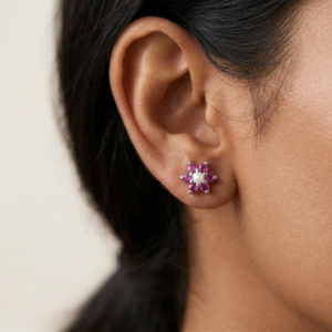 Pink Spark — Natural Pink Ruby & Pearl Studs in Sterling Silver
