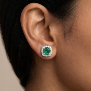 D'Amour Leaf Studs — Green Glass Emerald & Moissanite Studs in Sterling Silver