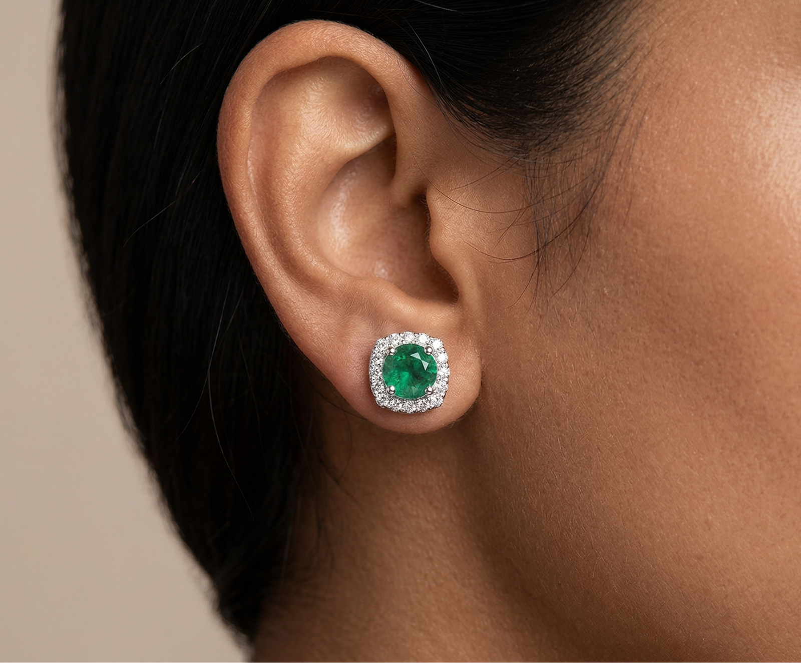 D'Amour Leaf Studs — Green Glass Emerald & Moissanite Studs in Sterling Silver