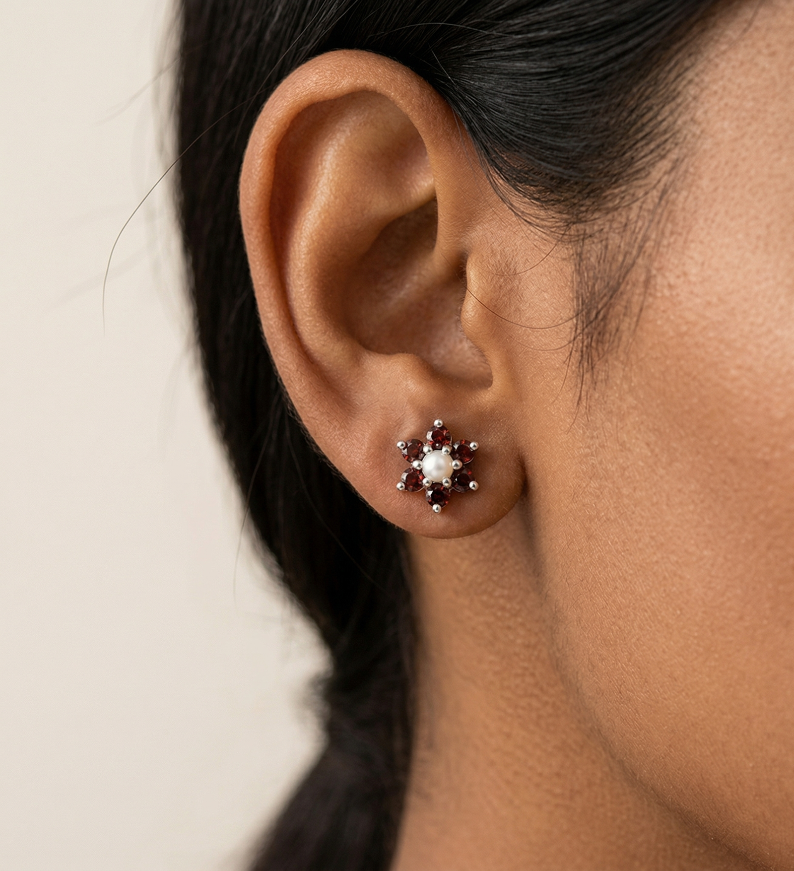 Power of Presence — Natural Garnet & Pearl Studs in Sterling Silver