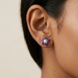 Violet Crown — Natural Amethyst & Pearl Studs in Sterling Silver