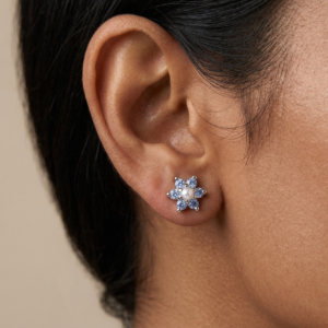 Blue Fire — Natural Blue Topaz & Pearl Studs in Sterling Silver