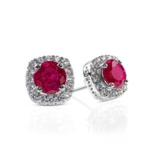 D'Amour Crown Studs — Red Glass Ruby & Moissanite Studs in Sterling Silver
