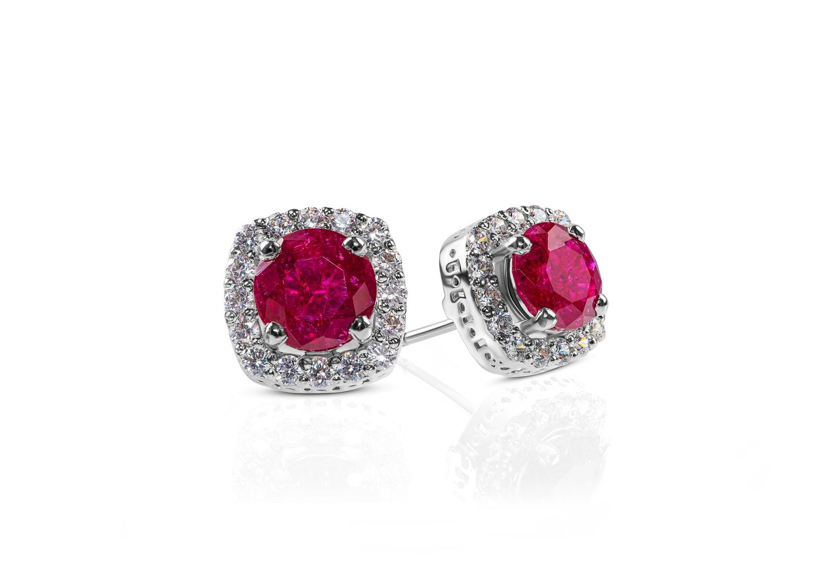 D'Amour Crown Studs — Red Glass Ruby & Moissanite Studs in Sterling Silver