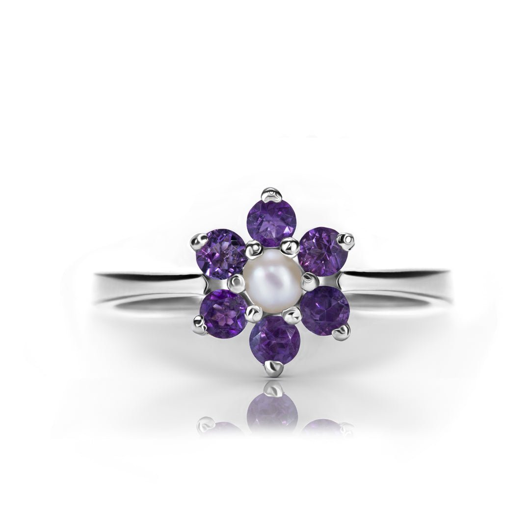 Violet Crown — Natural Amethyst & Pearl Ring in Sterling Silver