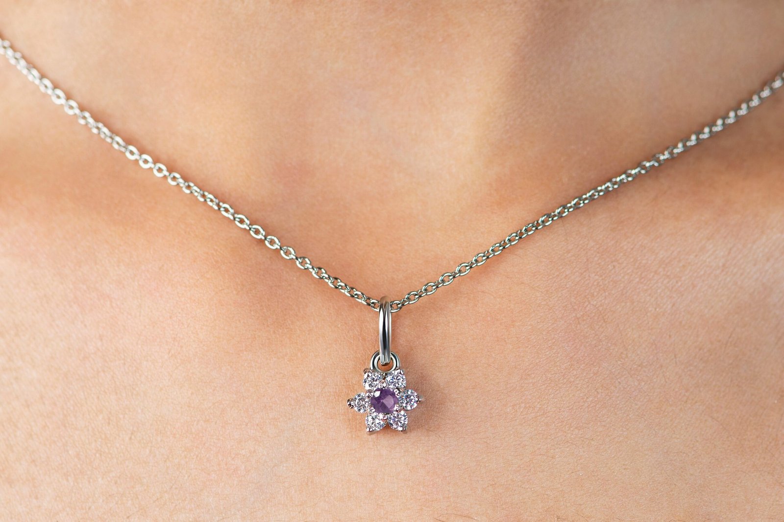 Sparkling Natural Amethyst Flora — Moissanite Pendant in Sterling Silver - Image 2