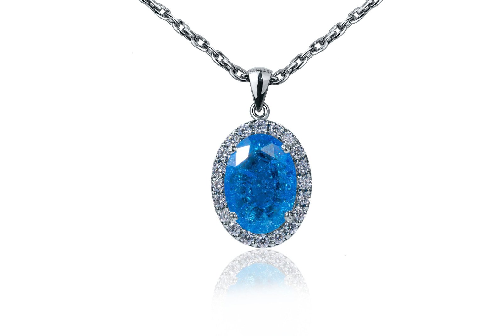 Blue Burst Charm — Blue Moissanite Halo Necklace in Sterling Silver