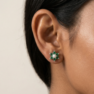 Stone of Successful Love — Natural Emerald & Pearl Studs, Sterling Silver