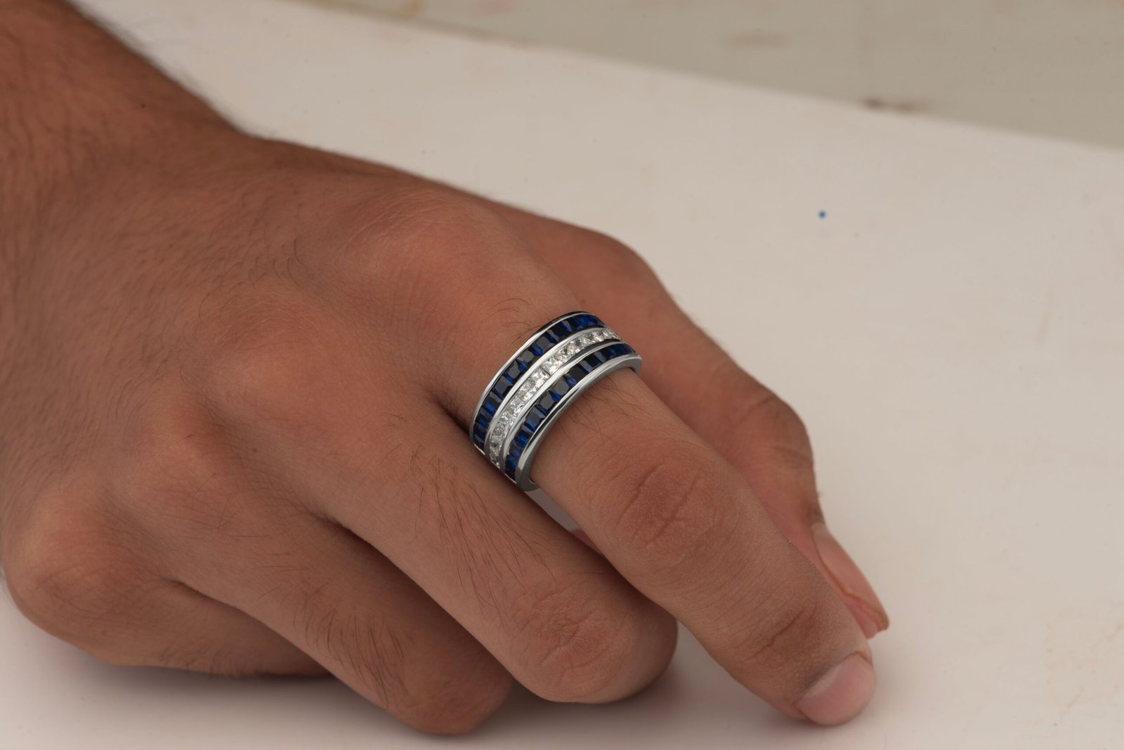Two Realms One Destiny — Men's Lab Sapphire & Moissanite Ring in Sterling Silver - Image 2